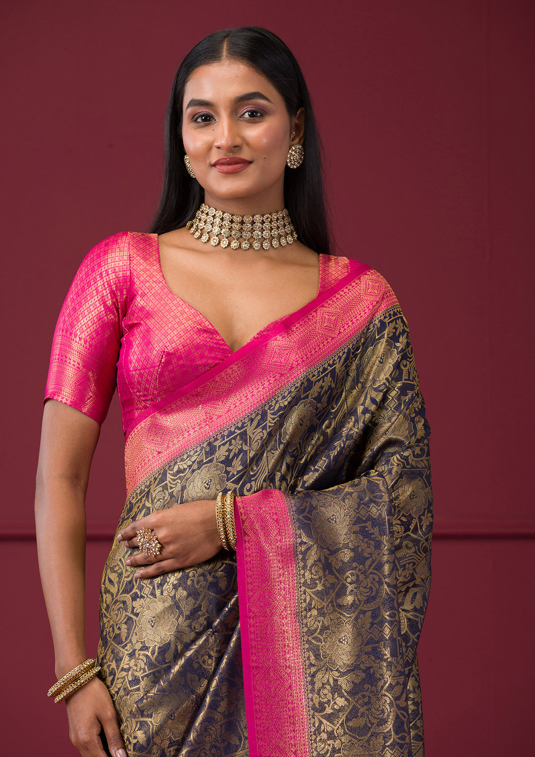 Navy Blue Zariwork Soft Silk Saree - Image 3