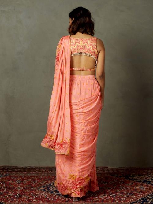 Coral Blue Rose Pre-Draped Saree - Image 4